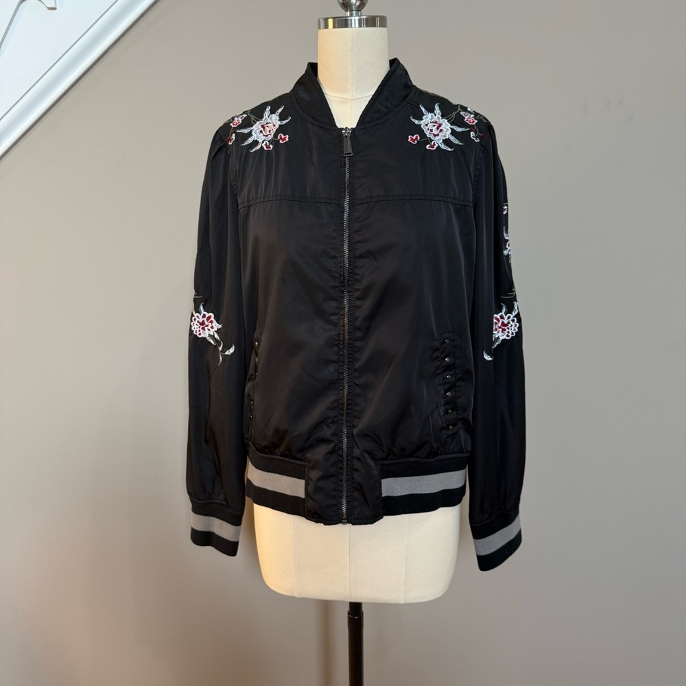 BCBGeneration Black Varsity Jacket with Floral Embroidery, Large, UGC - Picture 1 of 12